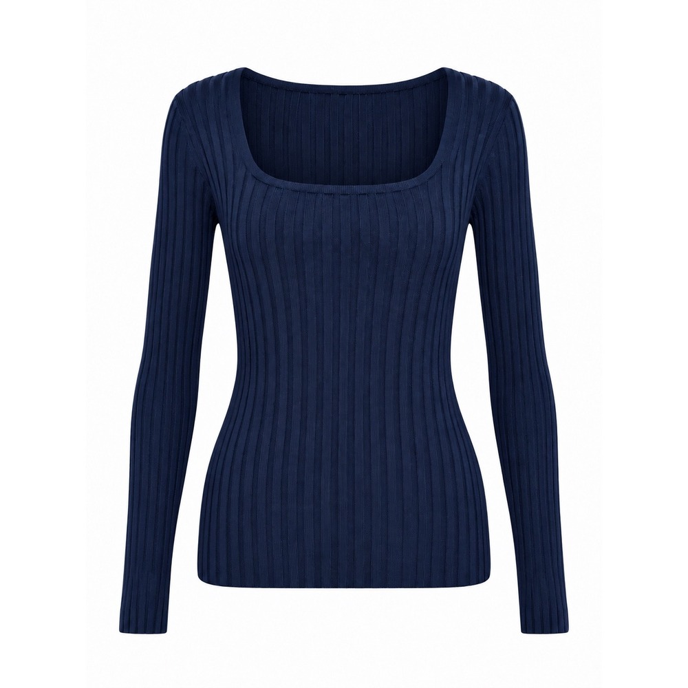 Veronica Beard Sweater M Navy Clara Quiet Luxury Square Neck Ribbed Knit NWOT